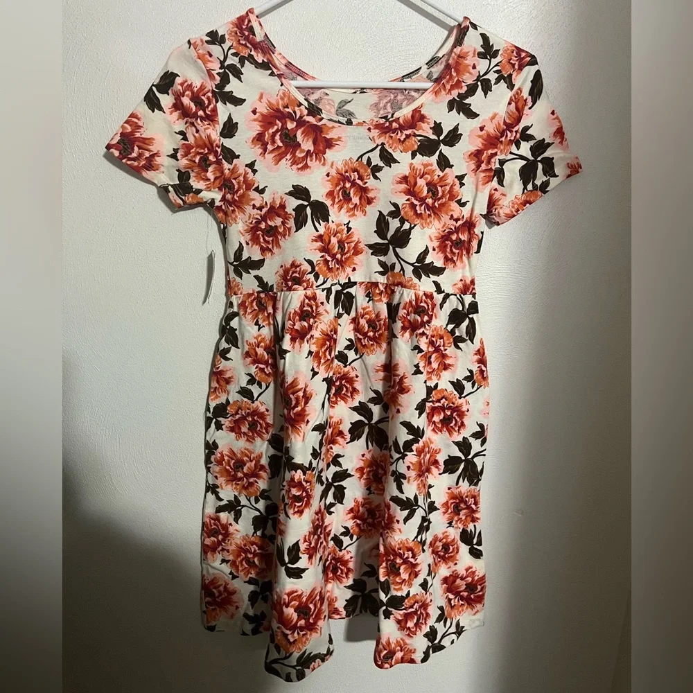 OLD NAVY Classic Fall Floral Swing Dress Orange Cream Brown Girl's Size XL *NWT*